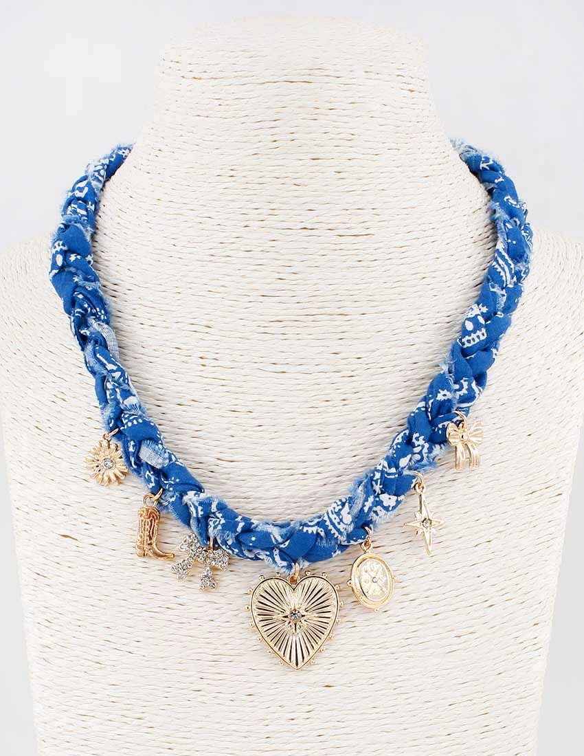 Blue Braided Scarf Charm Necklace