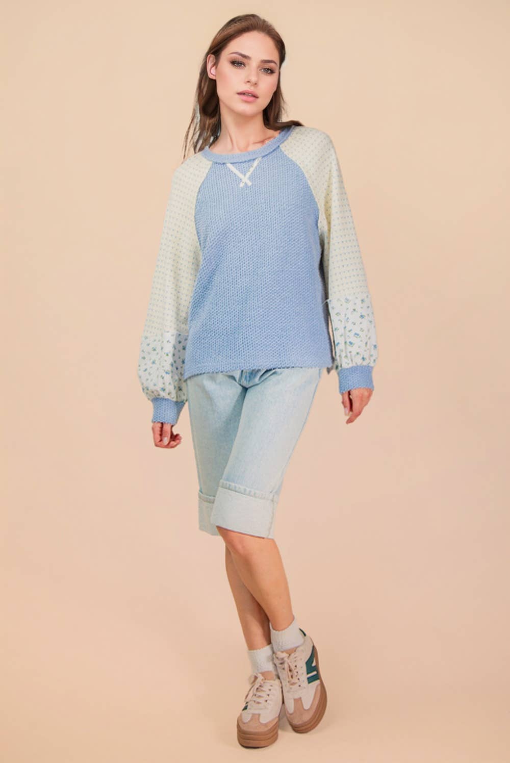 Blue Pullover Top w/ Floral Sleeves