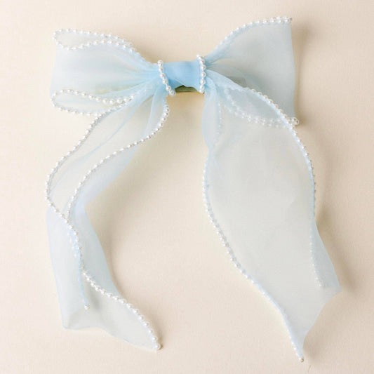 Sheer Pearl Hair Bow-Blue
