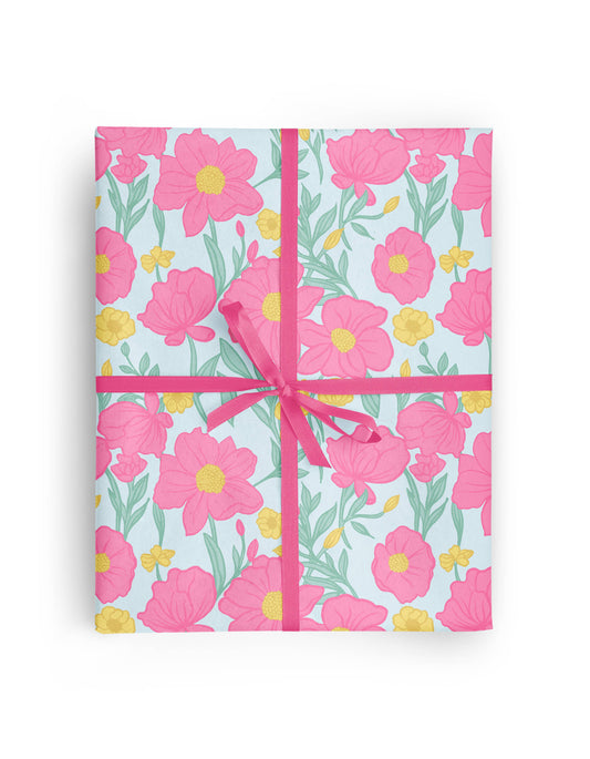 Pink and Blue Poppy Floral Wrapping Paper Roll