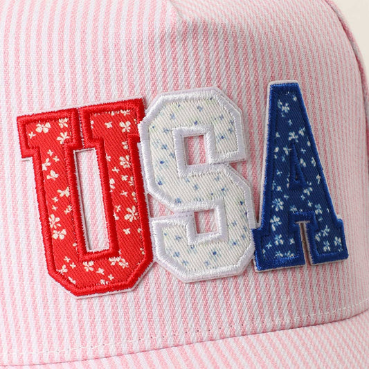 USA Letter Patch Striped Trucker Hat
: PINK