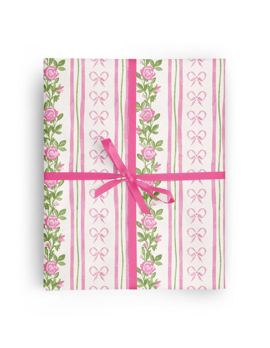 Pink and Green Rosebud Bow Stripe Floral Wrapping Paper Roll