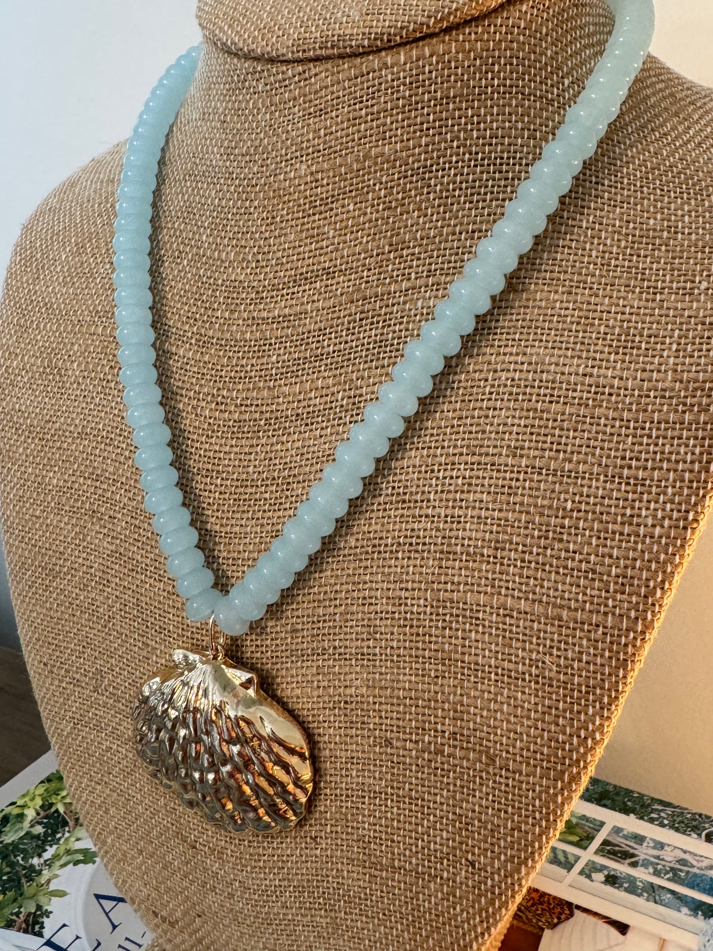 Beaded Gold Shell Necklace - Light Blue
