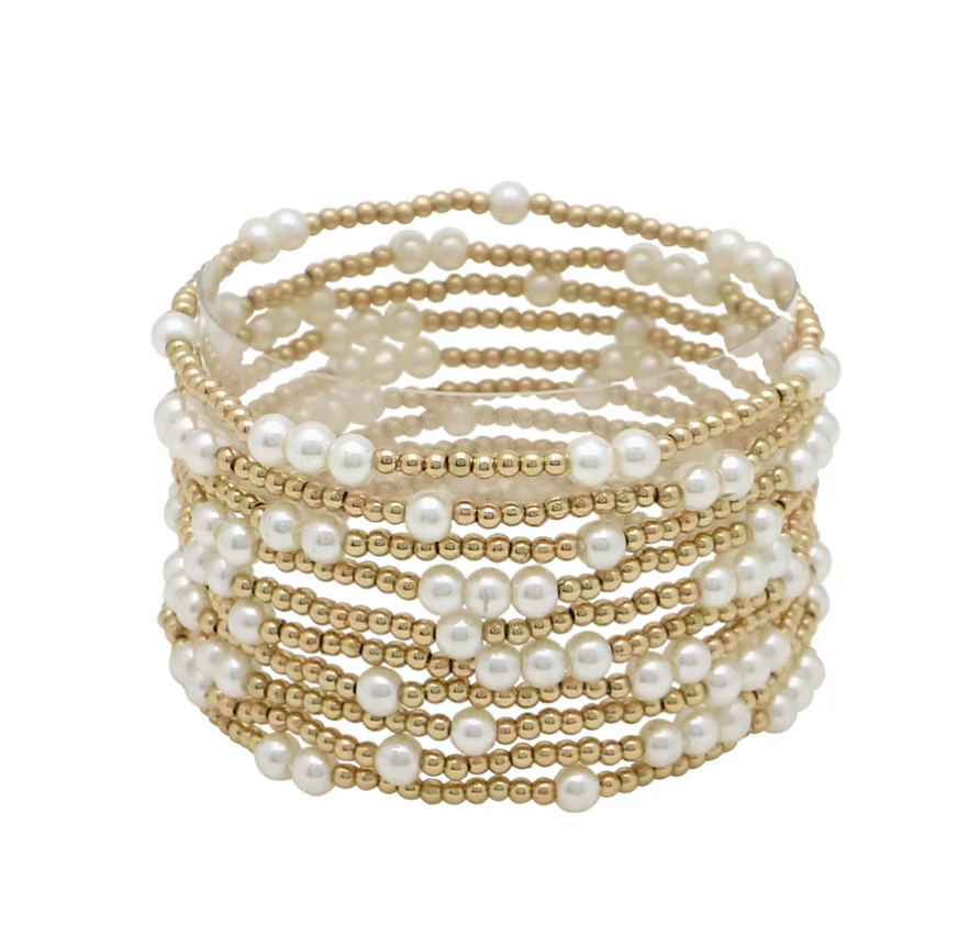 Gold Beaded and Pearl Set of 10 Stretch Bracelet