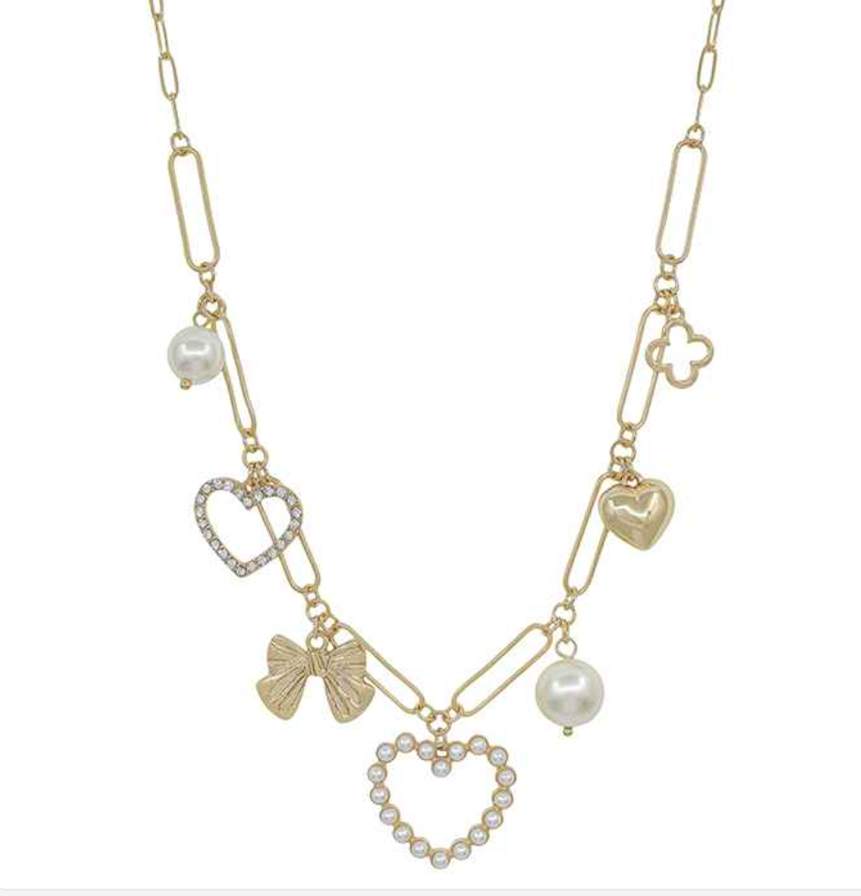 Gold Pearl Heart, Bow, and Pearl Necklace