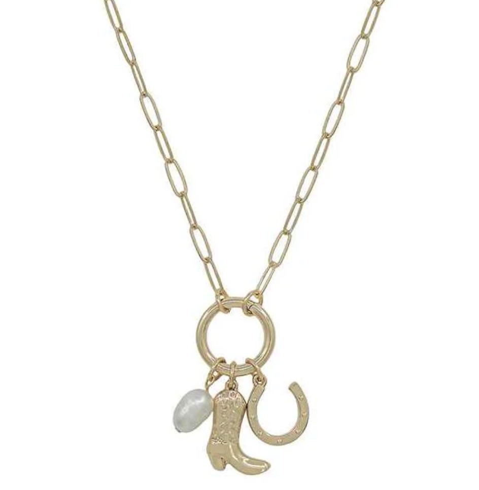 Gold Cowboy Boot, Pearl, and Horseshoe Charm Necklace