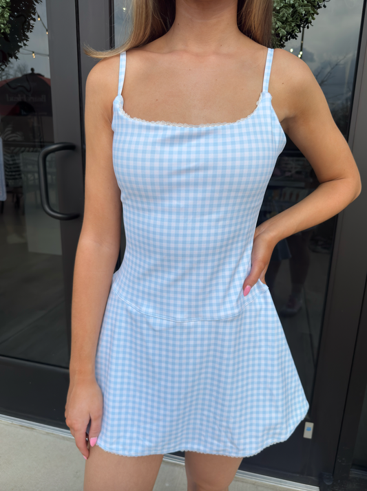 Blue Gingham Lace Trim Dress
