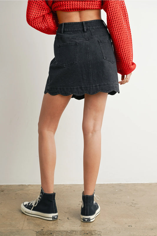 Scalloped Black Denim Skirt
