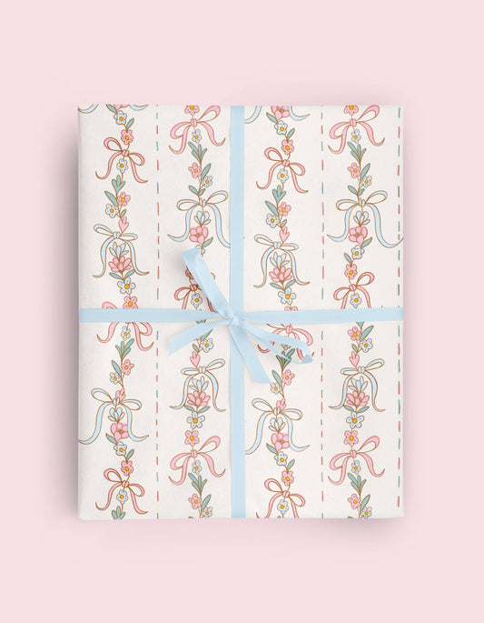 Pink Garland Floral Bow Stripe Wrapping Paper Roll