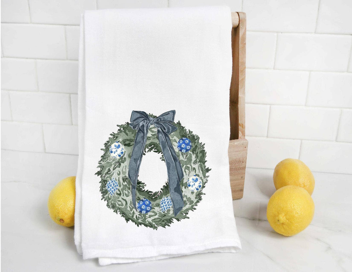 Chinoiserie Holiday Wreath Tea Towel