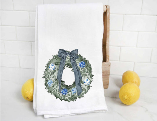 Chinoiserie Holiday Wreath Tea Towel