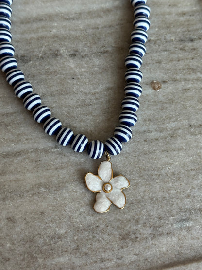 Lila Stripe Necklace: Navy Blue Flower