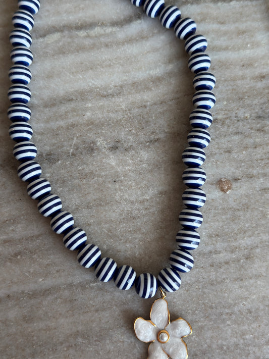 Lila Stripe Necklace: Navy Blue Flower
