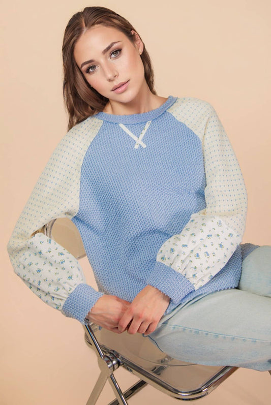 Blue Pullover Top w/ Floral Sleeves
