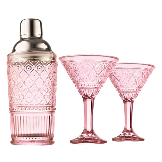Claro Pink Cocktail Shaker & Martini Glasses