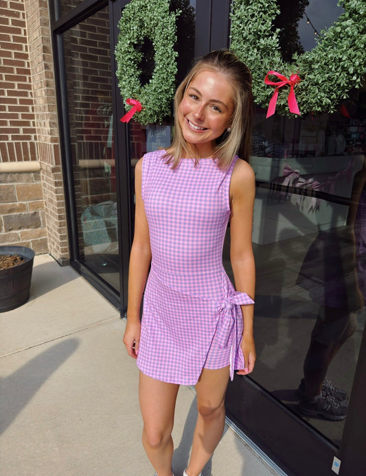Gingham Wrap Tie Dress: PURPLE