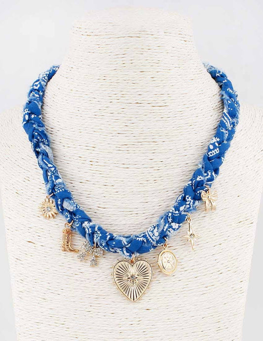 Blue Braided Scarf Charm Necklace