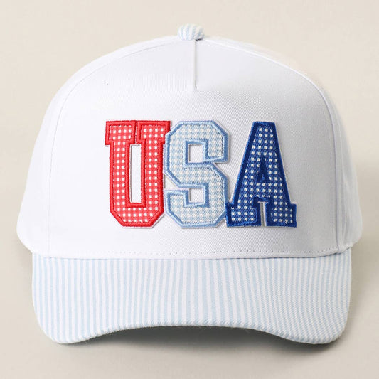 USA Gingham Embroidered Patch Striped Brim Trucker Hat