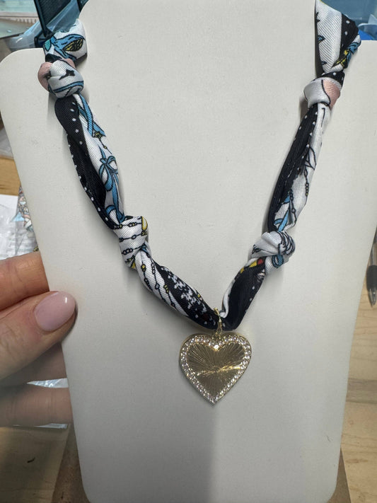 Navy/White Scarf with Heart Removable Charm Necklace