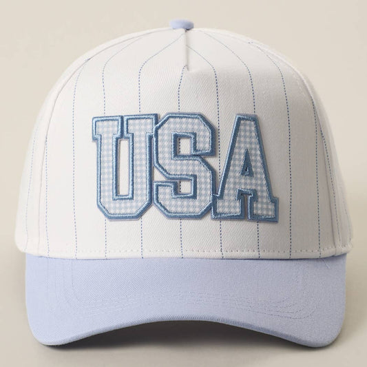 USA Gingham Letter Patch Striped Baseball Cap