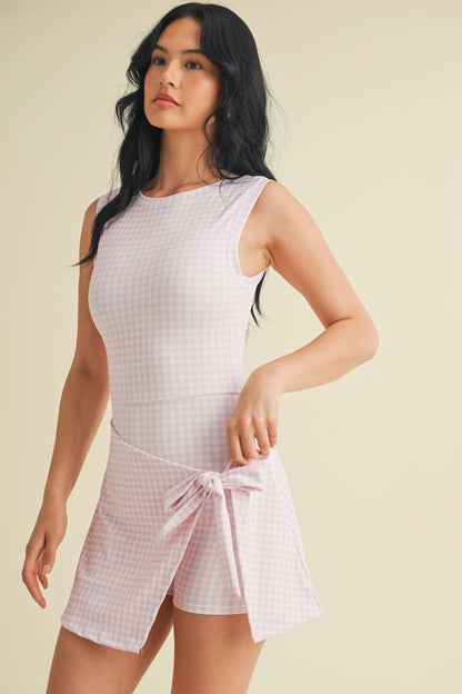 Gingham Wrap Tie Front Dress: BABY PINK