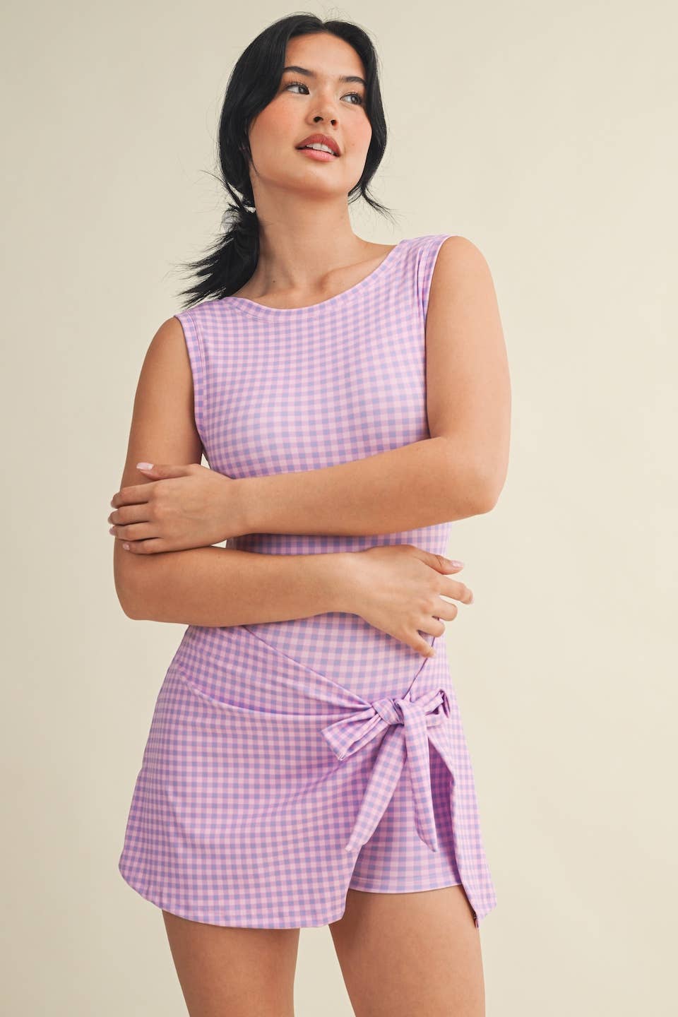 Gingham Wrap Tie Dress: PURPLE