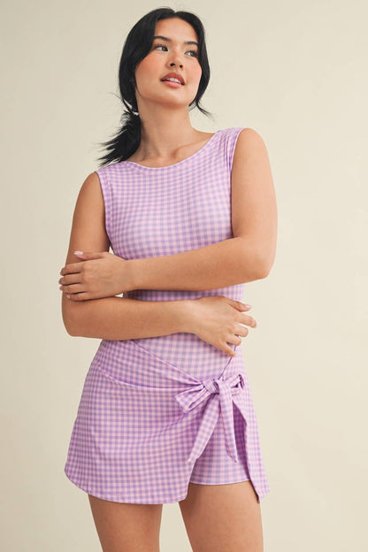 Gingham Wrap Tie Dress: PURPLE