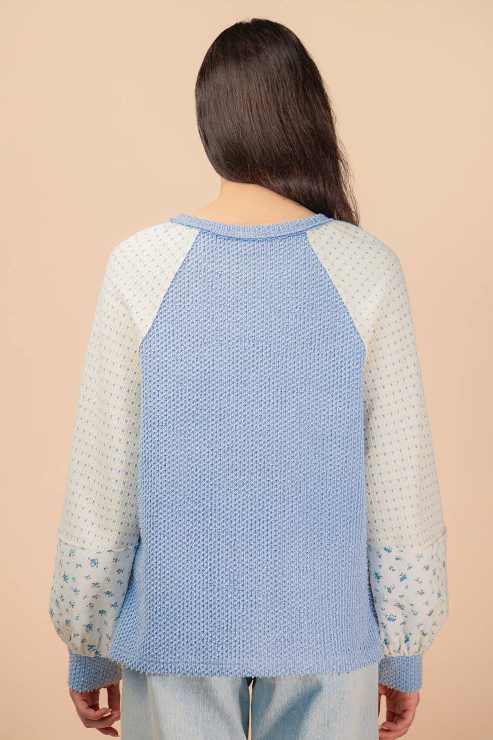 Blue Pullover Top w/ Floral Sleeves