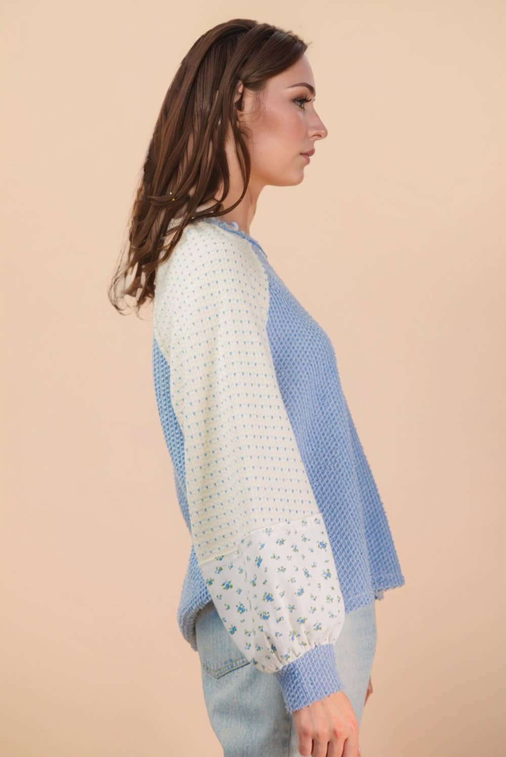 Blue Pullover Top w/ Floral Sleeves