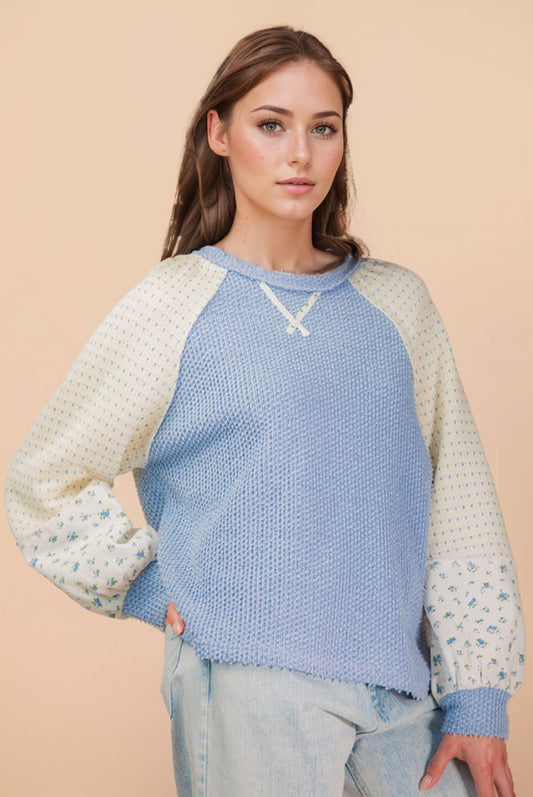 Blue Pullover Top w/ Floral Sleeves