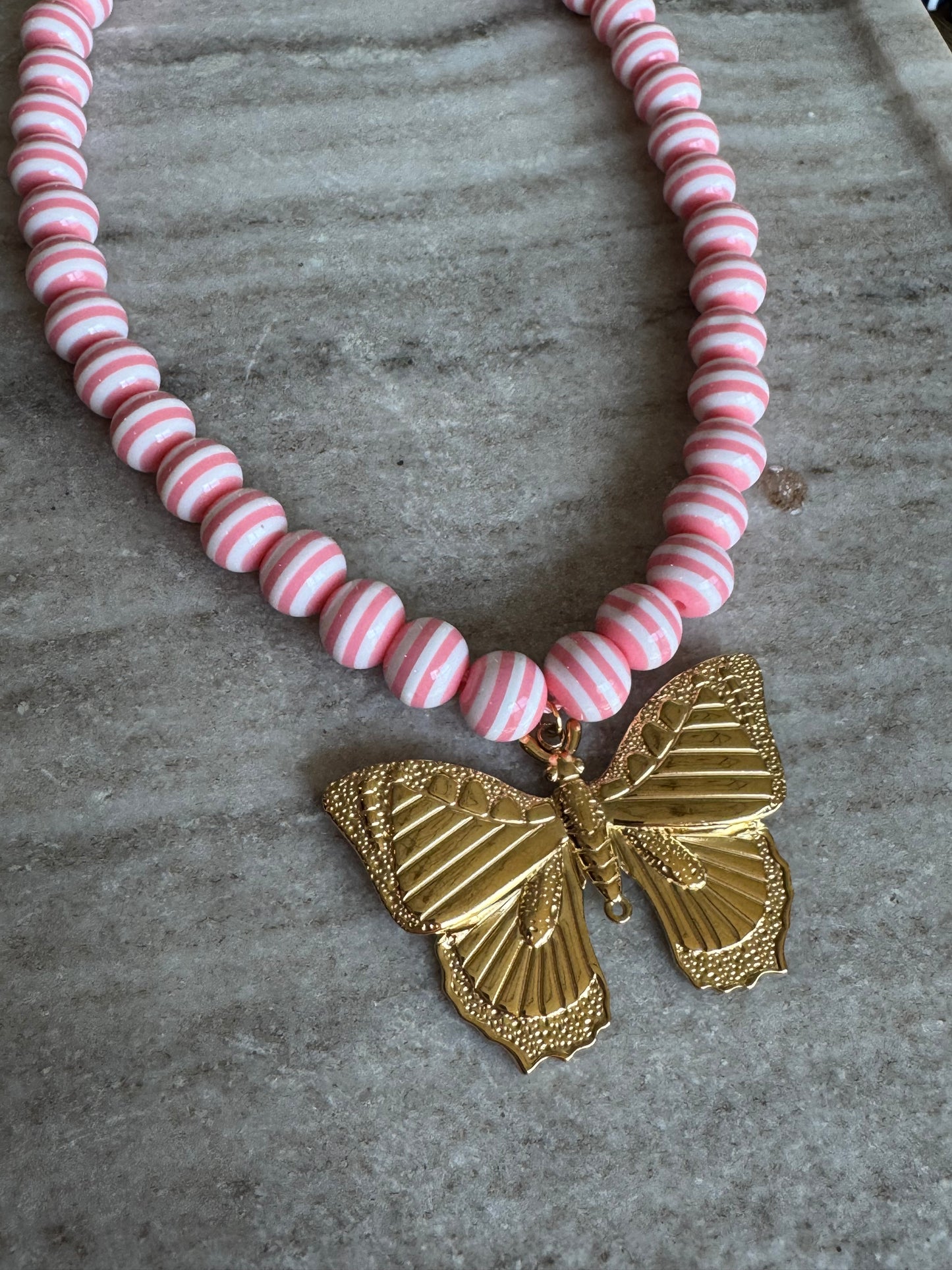 Lila Stripe Necklace: Pink Butterfly