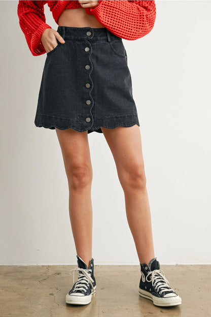 Scalloped Black Denim Skirt