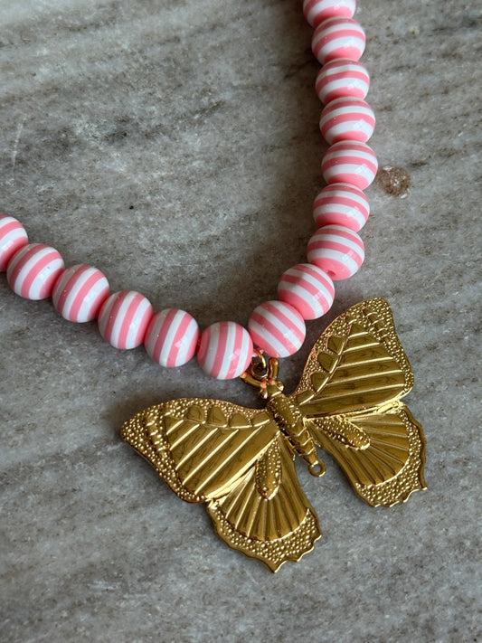 Lila Stripe Necklace: Pink Butterfly