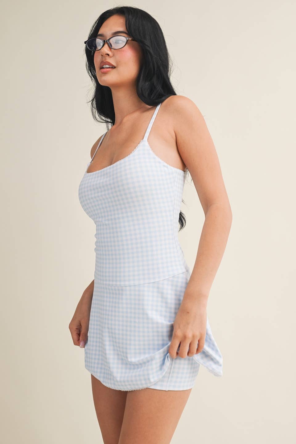 Blue Gingham Lace Trim Dress