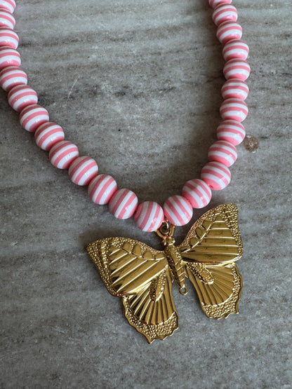 Lila Stripe Necklace: Pink Butterfly