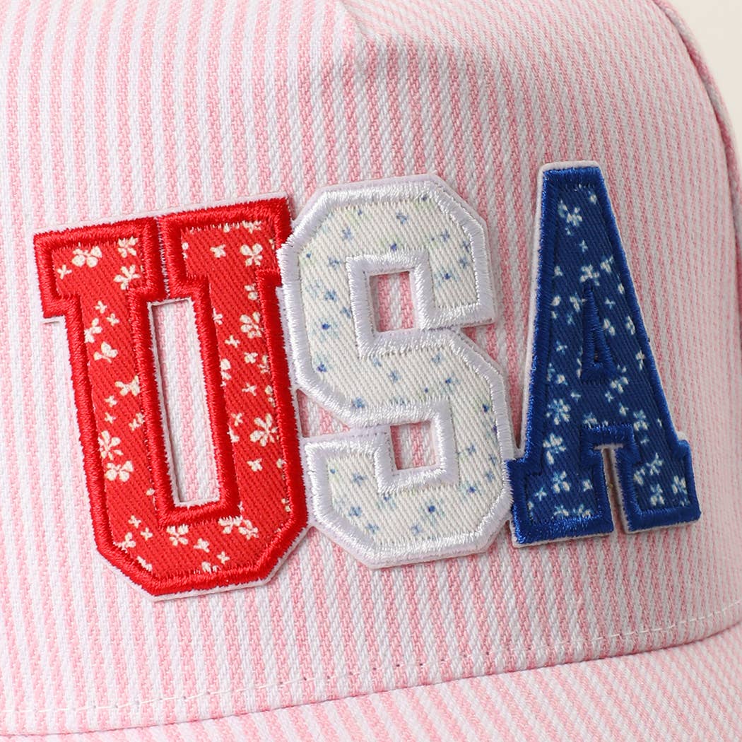 USA Letter Patch Striped Trucker Hat 
: PINK