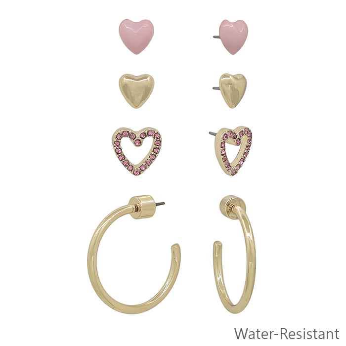 4 Pink & Gold Heart Stud .5" Hoop Earrings