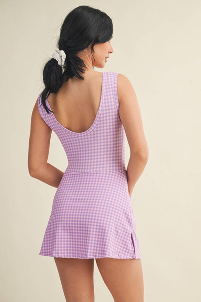 Gingham Wrap Tie Dress: PURPLE