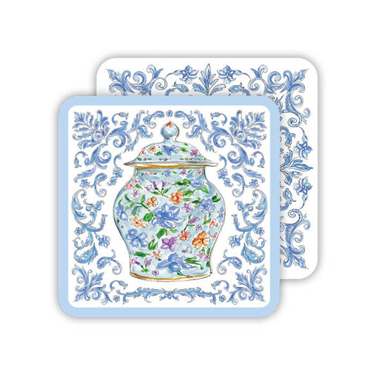 Handpainted Blue Chinoiserie Urn with Filigree Paper Coaster