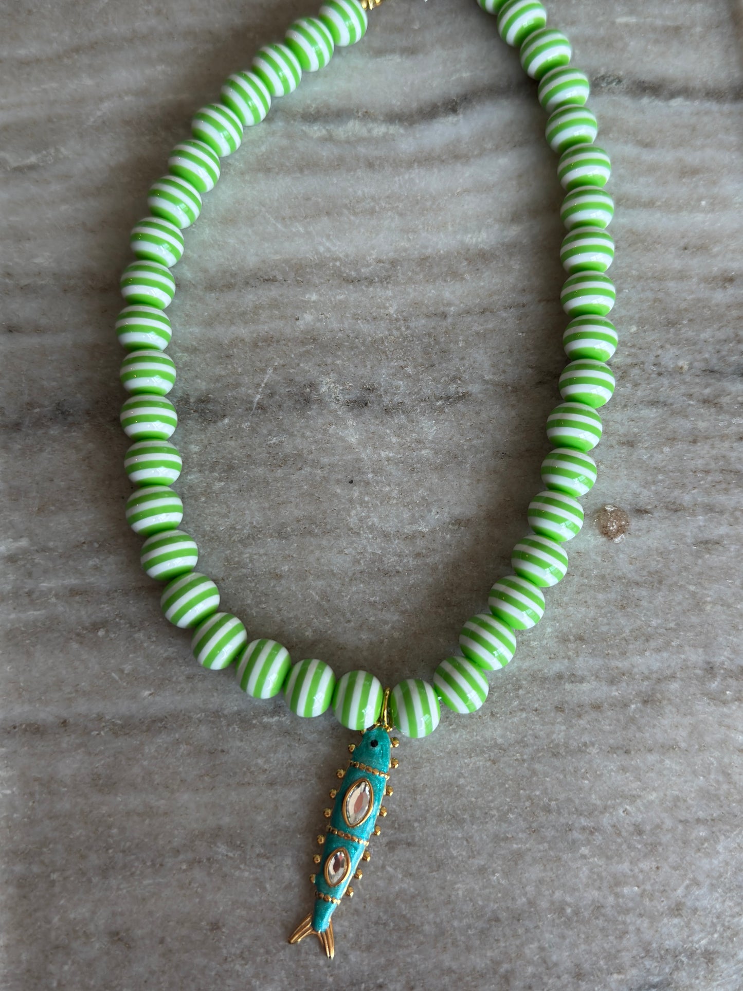 Lila Stripe Necklace: Green Fish