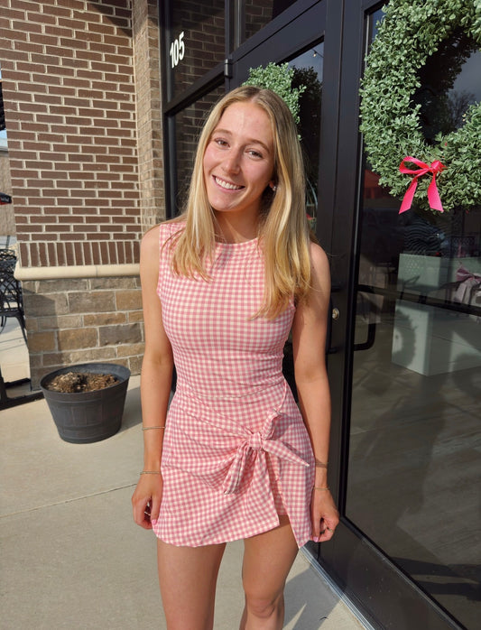 Gingham Wrap Tie Front Dress: PINK LEMONADE