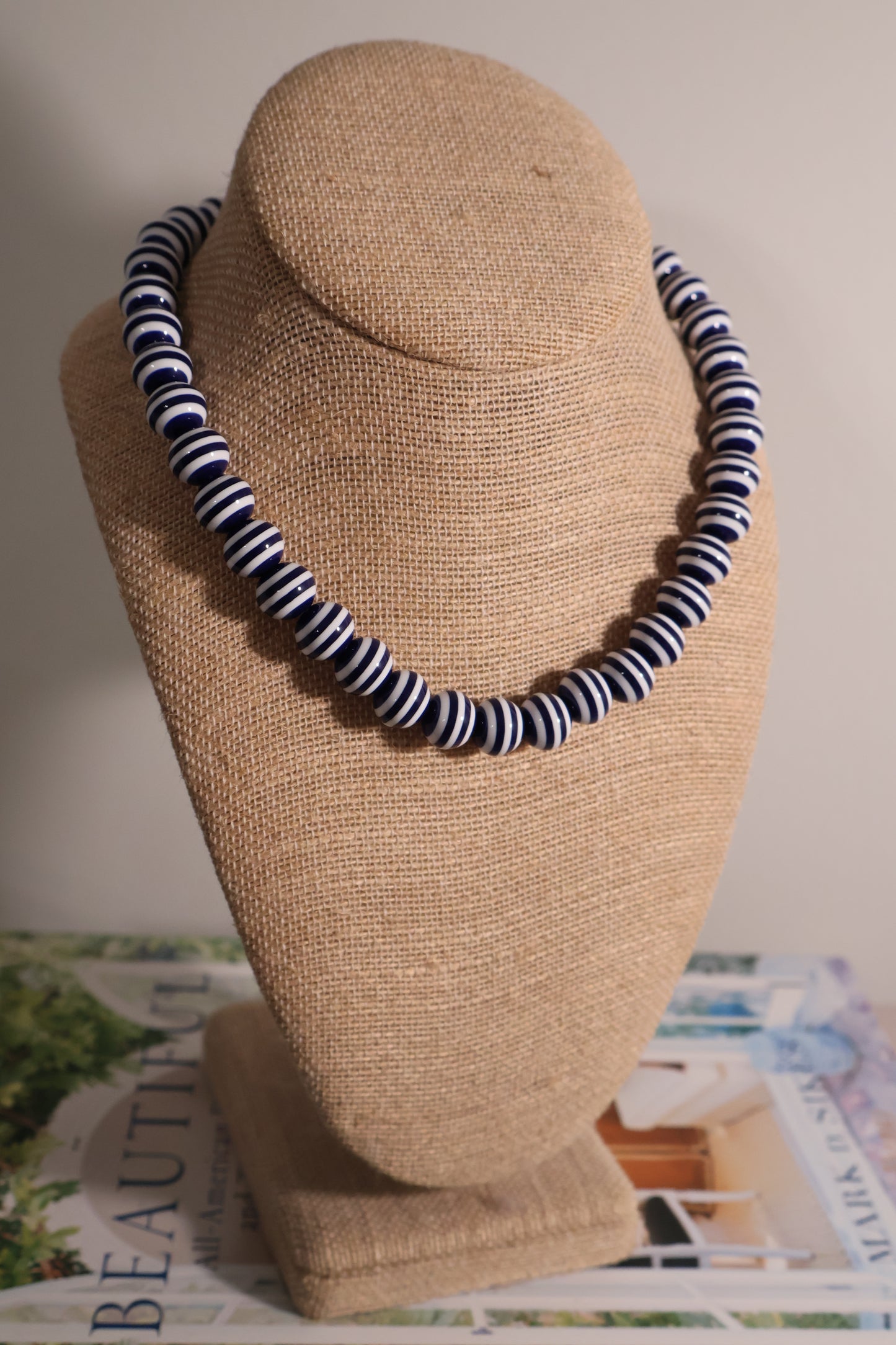 Stripe Beaded Necklace: Navy