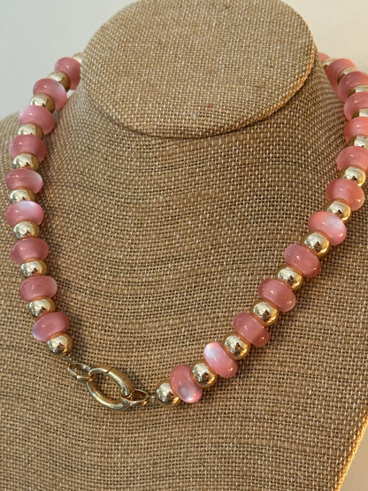 Beaded Clasp Necklace: Pink/Gold