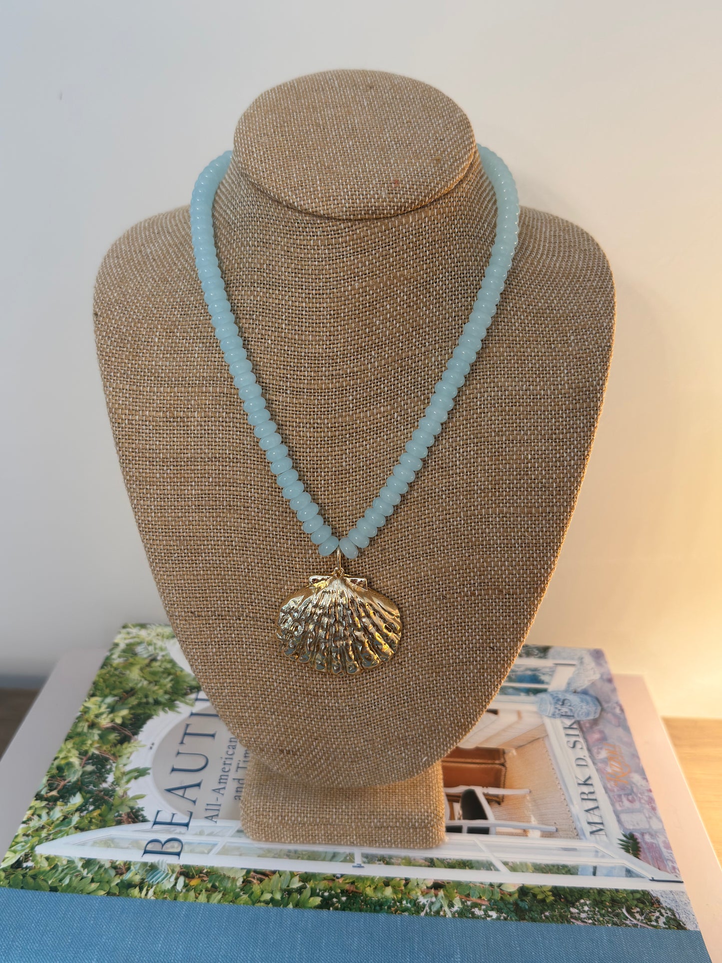 Beaded Gold Shell Necklace - Light Blue