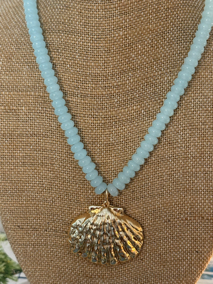 Beaded Gold Shell Necklace - Light Blue