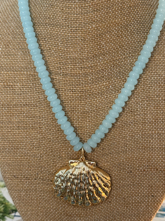 Beaded Gold Shell Necklace - Light Blue