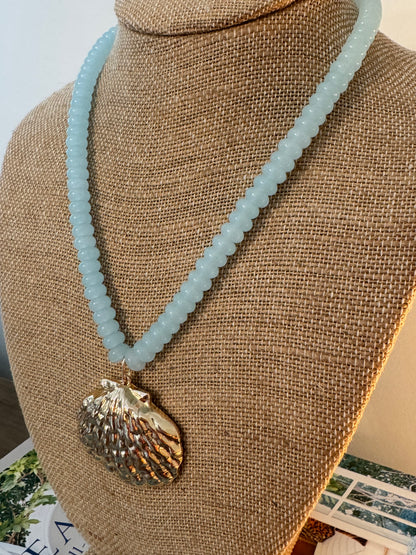 Beaded Gold Shell Necklace - Light Blue