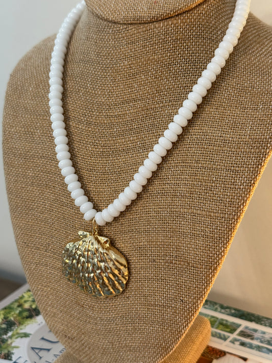 Beaded Gold Shell Necklace - White