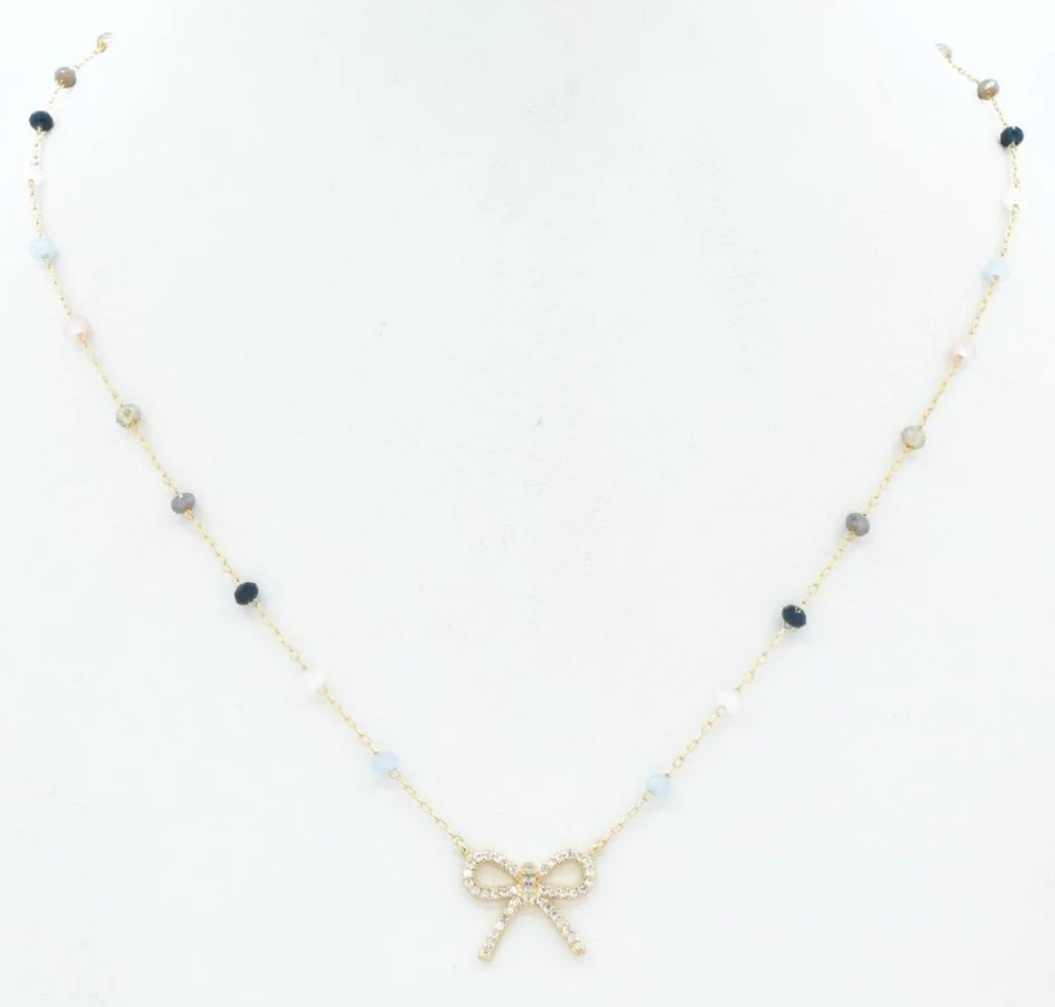 Beaded Rhinestone Bow Necklace