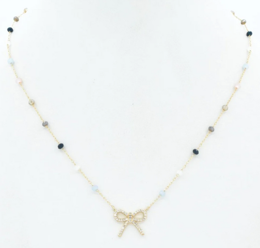 Beaded Rhinestone Bow Necklace